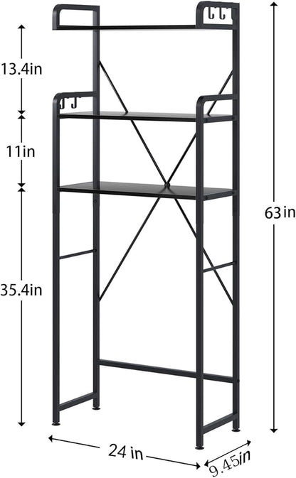 Over-The-Toilet Storage Rack with 3-Tier Shelves, Space Saver Toilet Shelf, Bathroom Storage Organizer with Hooks for Over-Toilet Storage (Black)