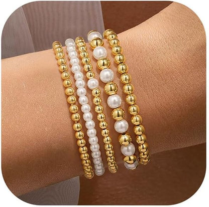 Yoosteel Gold Beaded Bracelets Set for Women Teen Girl Gifts Non Tarnish - 14K Gold Plated Dainty Round Bead Ball Pearl Cross Bracelet Stack for Women Teenage Girls Stackable Jewelry Christmas Gifts