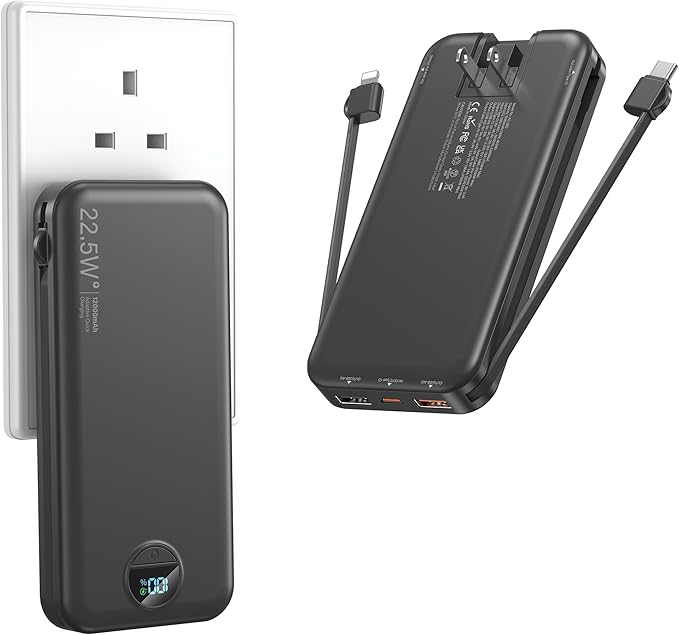 Portable Charger with Wall Plug, 12000mAh USB C Power Bank Fast Charging, External Battery Pack with Built in Cables, Digital Display, 5 Output 4 Input for iPhone Android Cell Phone Tablet