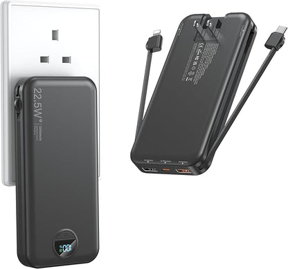 Portable Charger with Wall Plug, 12000mAh USB C Power Bank Fast Charging, External Battery Pack with Built in Cables, Digital Display, 5 Output 4 Input for iPhone Android Cell Phone Tablet
