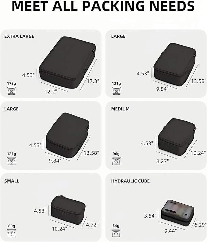 Compression Packing Cubes for Travel, 6-Piece Set (L/M/S), Double-Zip Luggage Organizers with Mesh Panels, Space-Saving Clothes Storage Bags for Suitcase & Carry-On (6 Pack, Jet Black)