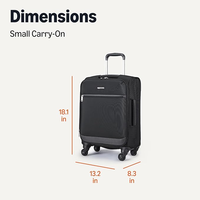 Amazon Basics Luggage, 15" Small Carry-On Softside Suitcase With Wheels, With Four 360-Degree Multi-directional Spinner Wheels, Expandable Space, Zippered Pocket and Straps, Telescopic Handle, Black