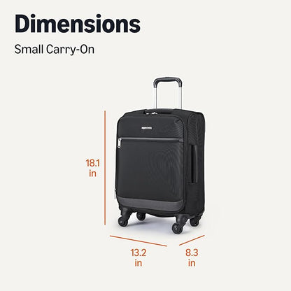 Amazon Basics Luggage, 15" Small Carry-On Softside Suitcase With Wheels, With Four 360-Degree Multi-directional Spinner Wheels, Expandable Space, Zippered Pocket and Straps, Telescopic Handle, Black