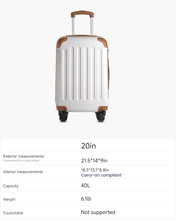 Carry On Luggage 22x14x9 Airline Approved, Hardside Suitcase with Wheels, TSA Approved, White Brown