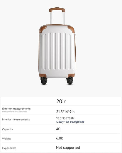 Carry On Luggage 22x14x9 Airline Approved, Hardside Suitcase with Wheels, TSA Approved, White Brown