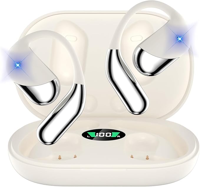 Open Ear Clip Wireless Earbuds Bone Conduction Headphones, Bluetooth 5.4, Open Ear Design, Built-in Mic, IPX7 Waterproof, LED Display Charging Case,Ear Hooks Ear Buds for Fitness/Travel/Gym/Running