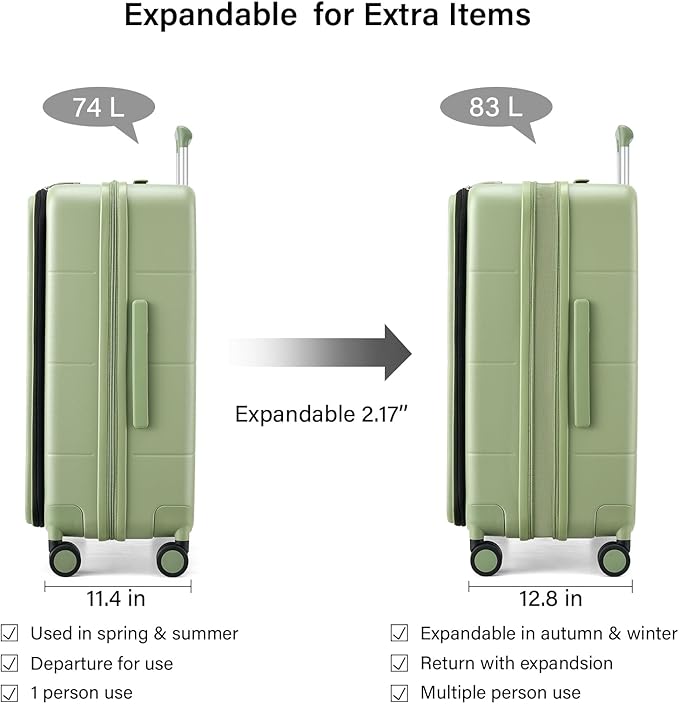 Hanke Hardside Expandable Checked Luggage, 24 Inch Top Opening Trunk Luggages with Spinner Wheels, All-PC Hard Shell Suitcase, Lightweight TSA Checked-Medium(Bamboo Green, 83L)