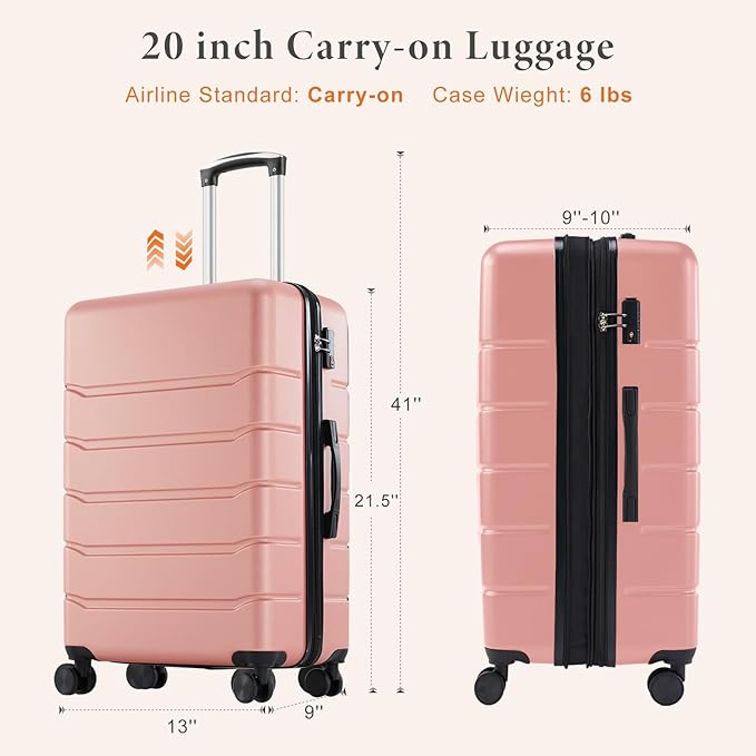Sweetcrispy Carry on Luggage, Hard Shell ABS Suitcase with Double Spinner Wheels, Lightweight Expandable Rolling Suit Case with TSA Lock, 21 Inch Light Pink