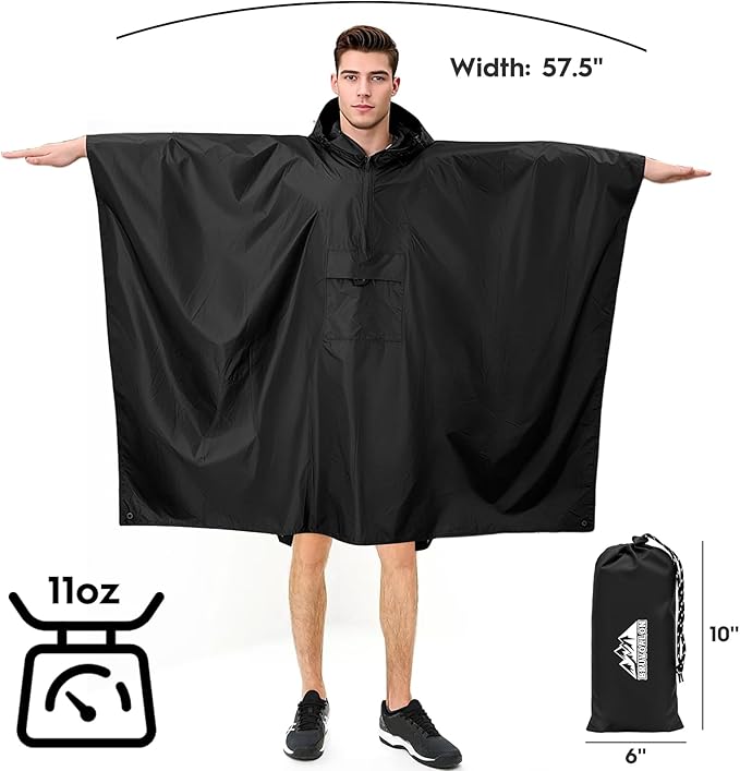 Bruvoalon 3-in-1 Rain Poncho with 1/4 Zip & Chest Pocket, Waterproof, Sunshade, Ground Mat for Adults & Youth Emergency