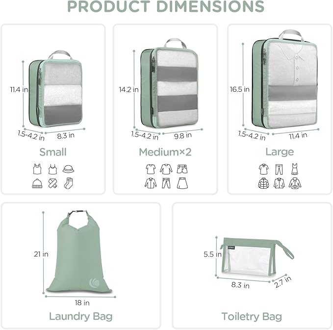 Cipway Compression Packing Cubes, See Through Mesh Luggage Organizer Bags, Travel Essentials for Carry on Suitcase with Laundry Bag and Clear Toiletries Bag（6 Pcs,Sage Green）