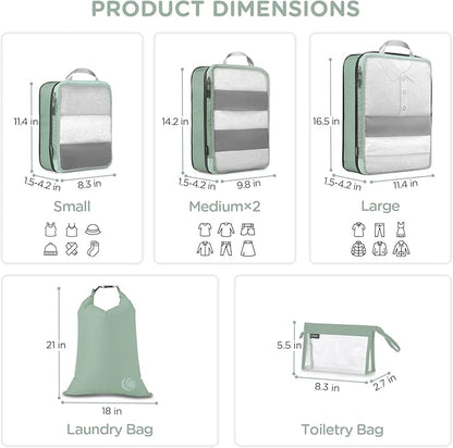 Cipway Compression Packing Cubes, See Through Mesh Luggage Organizer Bags, Travel Essentials for Carry on Suitcase with Laundry Bag and Clear Toiletries Bag（6 Pcs,Sage Green）