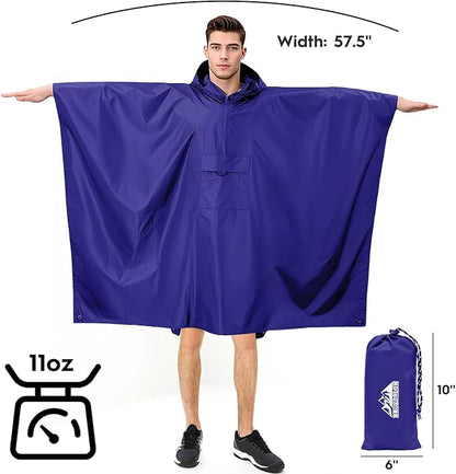 Bruvoalon 3-in-1 Rain Poncho with 1/4 Zip & Chest Pocket, Waterproof, Sunshade, Ground Mat for Adults & Youth Emergency