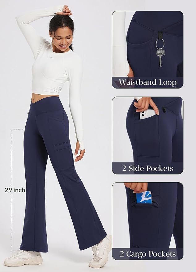 baleaf Women's Fleece Lined Pants Winter Thermal Water Resistant Crossover Flare Leggings Warm Bootcut Hiking Outdoor