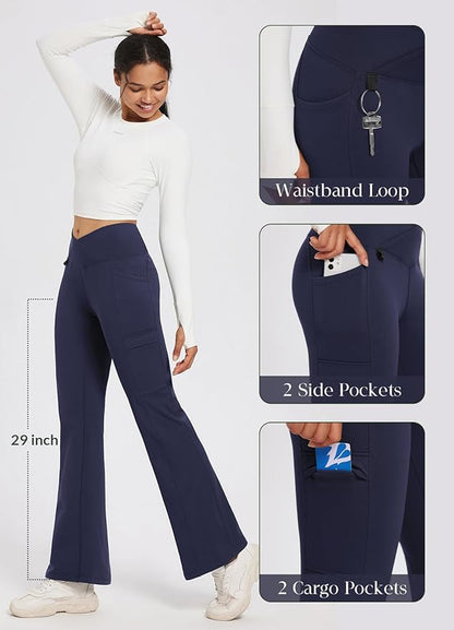 baleaf Women's Fleece Lined Pants Winter Thermal Water Resistant Crossover Flare Leggings Warm Bootcut Hiking Outdoor