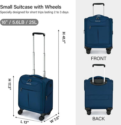 Hanke Underseat Carry On Luggage with Wheels, Lightweight Small Suitcase Airline Approved 16 Inch Softside Personal Item Travel Bag for Women Men, Compact Under Seat Luggage with Spinner Wheels.(Blue)