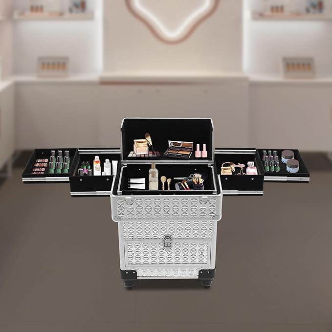 Rolling Makeup Train Case,Multi-functional Cosmetic Trolley with 360° Swivel Wheels Keys,Salon Barber Case Traveling Cart for Nail Technicians Hairstylist (Sliver)
