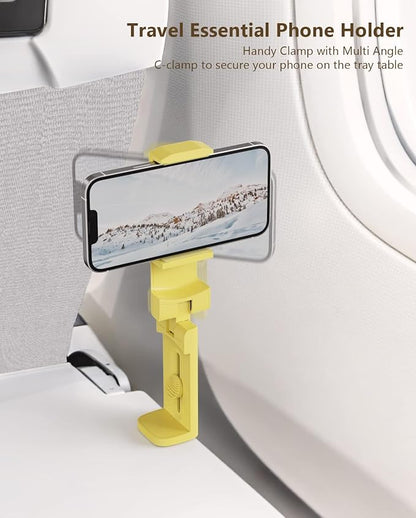 MiiKARE Airplane Travel Essentials Phone Holder, Universal Handsfree Phone Mount for Flying with 360 Degree Rotation, Accessory for Airplane, Travel Must Haves Phone Stand for Desk, Tray Table, Yellow