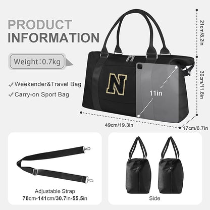 Dance Gym Duffel Bag for Teen Girls, Personalized Initial Travel Weekender Bag,Cute Overnight Carry On Duffle for Women,Sports Travel Cheer Bag,Monogram Christmas Gifts for Tween Preppy(black-N)