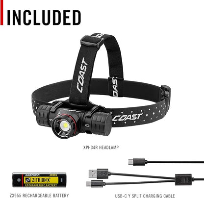 Coast® XPH34R 2075 Lumen USB-C Rechargeable-Dual Power LED Headlamp withPURE Beam® Twist Focus™ and Magnetic Base