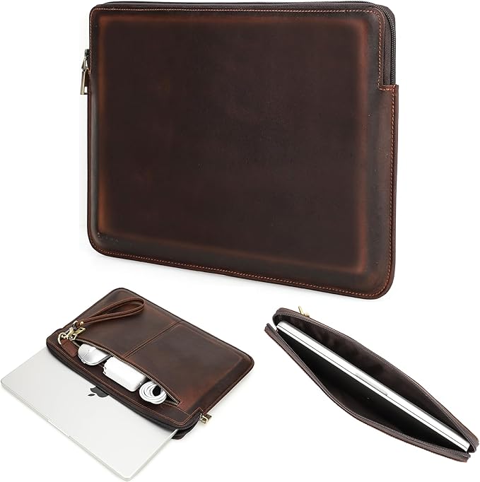 Top Grain Leather 13.3" Slim Laptop Sleeve Case Bag, Vintage Design with 2 Zip Pocket, Handmade, Compatible with MacBook Pro 13.3" MacBook Air 2022 DELL XPS 13" & Other PC, Coffee 13.3 Inch