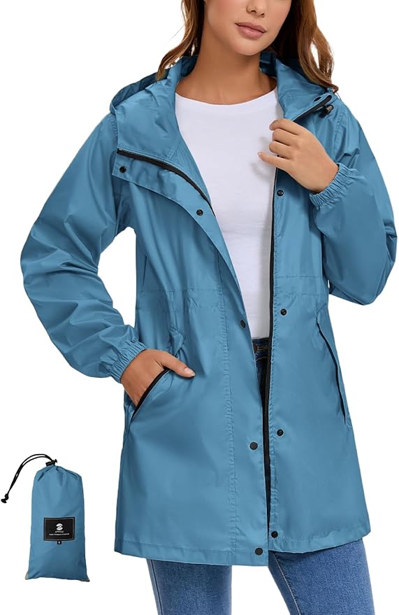 SaphiRose Women's Lightweight Long Rain Jacket Packable Raincoat Hooded Outdoor Trench Coats