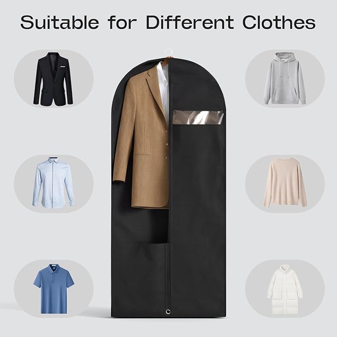 3 Pack Heavy Duty Garment Bags for Travel Suit Bags, Dress Bags, Garment Bags for Hanging Clothes with Pockets Men's Suit Holder for Shirts, Coats, Dresses (Black, 3Pack 40")