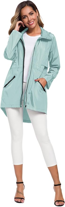 Avoogue Women's Long Raincoat with Hood Outdoor Lightweight Windbreaker Rain Jacket Waterproof