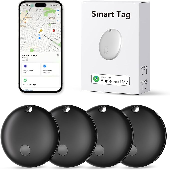 Tracker Tags, Item Finder Work with Apple Find My (iOS Only), Tracking Device Locator Smart Tag for Luggage, Keys, Wallet, Bike, Bags (Black, 4 Pack)