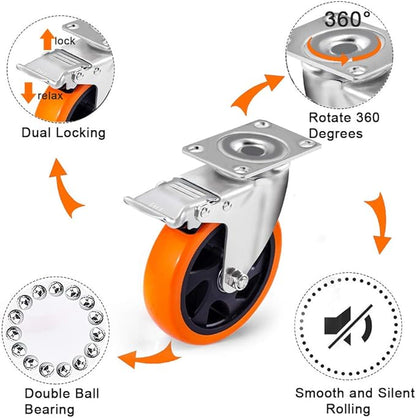 D&L 5 Inch Swivel Casters Wheels 1500lbs Heavy Duty Castors with Brake Polyurethane Dual Locking Casters Set of 4 Orange DL-I5-001