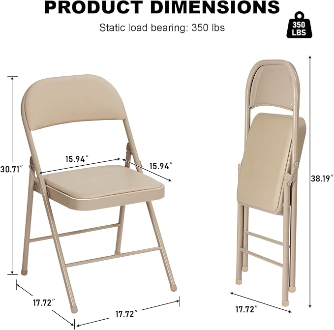 12 Pack Khaki Folding Chairs with Padded Cushion for Outside, Portable Stackable Commercial Metal Foldable Chairs with Steel Frame for Home Events Office Wedding Party, 350lbs Capacity