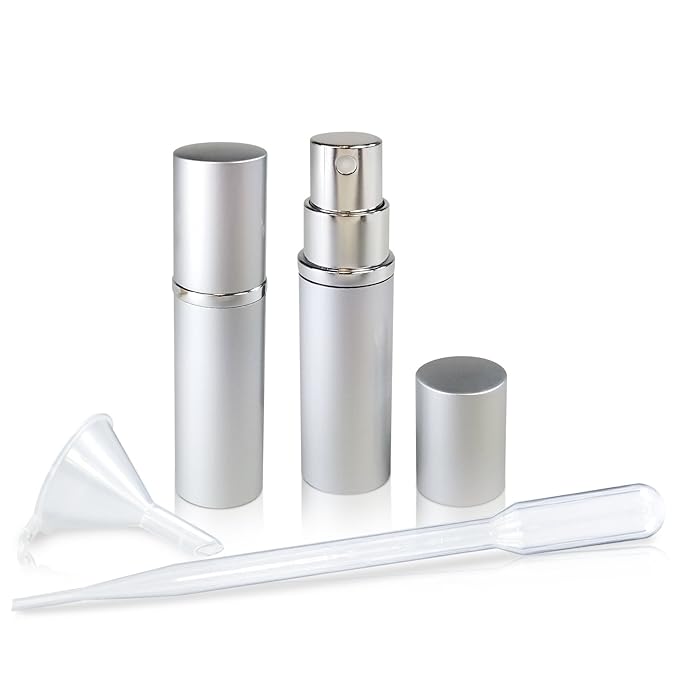 L'AUTRE PEAU Refillable Perfume & Cologne Fine Mist Atomizers with Metallic Exterior & Glass Interior - 5ml Portable Travel Size - 3ml Squeeze Transfer Pipette Included (2 Pack, Silver)