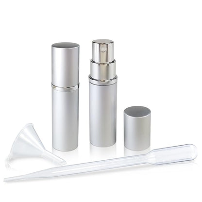 L'AUTRE PEAU Refillable Perfume & Cologne Fine Mist Atomizers with Metallic Exterior & Glass Interior - 5ml Portable Travel Size - 3ml Squeeze Transfer Pipette Included (2 Pack, Silver)