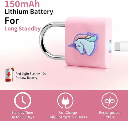 UMIKSMART Fingerprint Padlock, Keyless Biometric Smart Lock, USB Rechargeable & Waterproof for Gym Locker, Backpack, Toolbox, Suitcase, Gate, Dreamy Unicorn Set