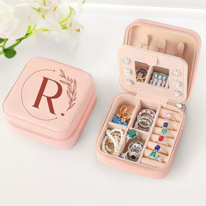SANDJEST Personalized Jewelry Box, Pink Small Travel Jewelry Box with Initial R, Monogrammed Jewelry Case Organizer for Girls Women Teen, Mini Travel Essentials Gifts for Christmas Birthday