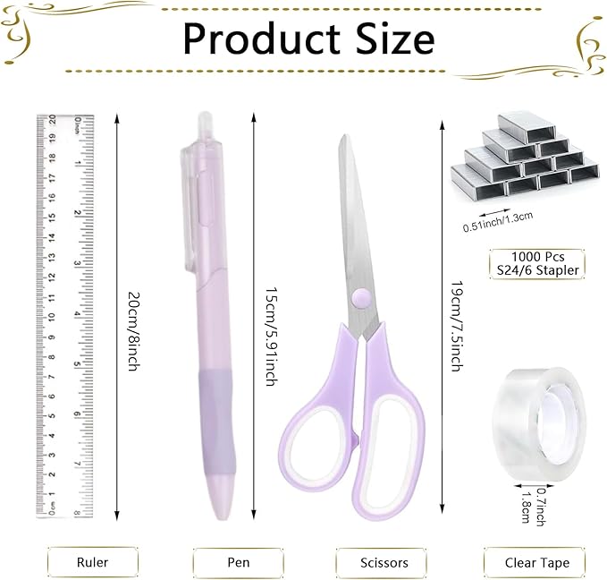 Office Supplies,Desk Accessories,Stapler and Tape Dispenser Set,1000 Staples,Staple Remover,Pen Holder,Folding Phone Holder,Journal Notebook,Ballpoint Pen,Scissor,Ruler,Clear Tape,Sticky Notes,Ect