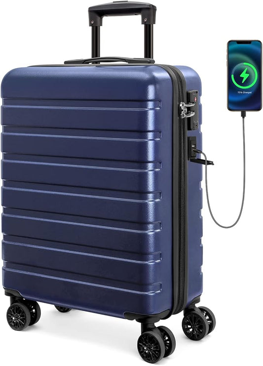 AnyZip Carry On Luggage 21" Hardside PC ABS Lightweight USB Suitcase with Wheels TSA Lock for kids DarkBlue
