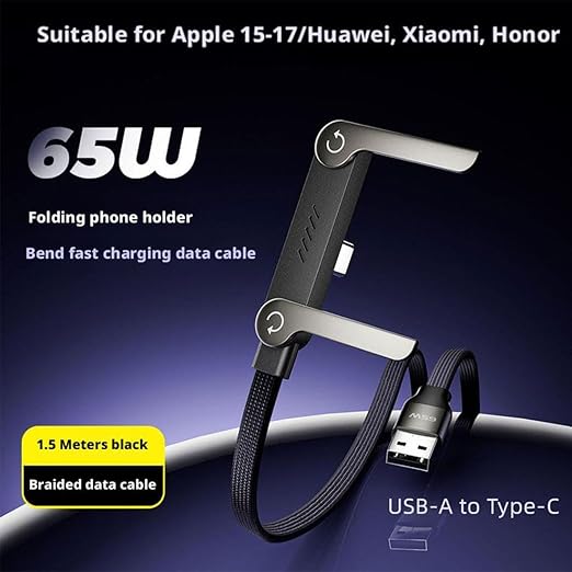 2-in-1 Invisible Holder Charger Cable — Fast Charging Cord with Built-in Phone Stand, 5ft 240w Braided Fast Charging Cord Charge Cable for Phone,Tablets,Laptops (USB-A to Type-C (65W))