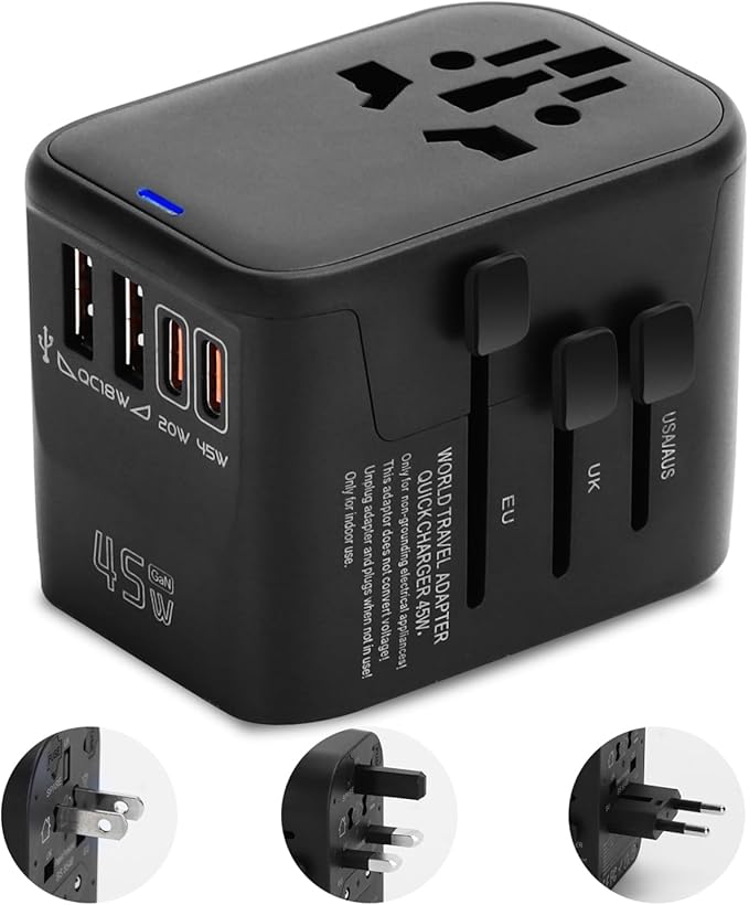 Aigostar 5-in-1 Universal Travel Adapter, GaN 45W Fast Charge International Plug Adapter with 2 Type-C & 2 USB-A Ports, Worldwide Power Adaptor Wall Charger for EU US UK AUS CHN JP Travel Business