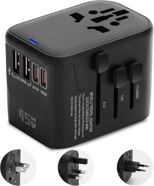 Aigostar 5-in-1 Universal Travel Adapter, GaN 45W Fast Charge International Plug Adapter with 2 Type-C & 2 USB-A Ports, Worldwide Power Adaptor Wall Charger for EU US UK AUS CHN JP Travel Business