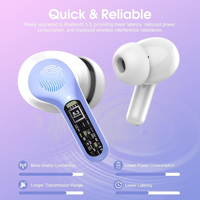 Wireless Earbuds, Bluetooth 5.4 Headphones HiFi Stereo, Bluetooth Earbuds with ENC Noise Cancelling Mic,IP7 Waterproof in Ear Earphones, 48H, LED Display Ear buds for Pad Phones Workout, White Purple