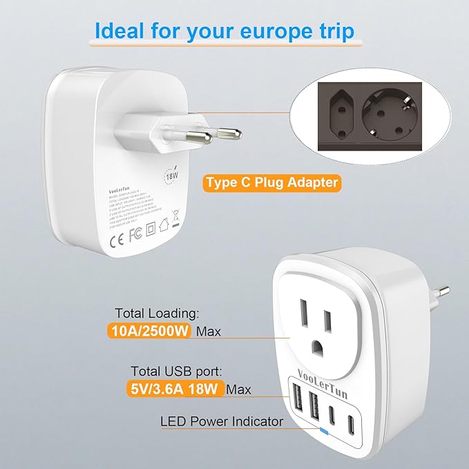 2 Pack Type C Plug Adapter, VooLerTun Germany Travel Plug Adapter with 4 USB Charger Ports, 1 American Outlet Adapter. US Converter for European France Denmark Norway Brazil Travel Essential
