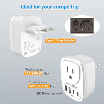 2 Pack Type C Plug Adapter, VooLerTun Germany Travel Plug Adapter with 4 USB Charger Ports, 1 American Outlet Adapter. US Converter for European France Denmark Norway Brazil Travel Essential