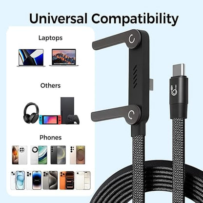 240W Braided Fast Charge Cable With Built-in Phone Stand, 2026 New T-Shaped Foldable Durable USB-C Cord, 90 Degree USB C Cable Right Angle Multi-Functional Charger Cord, Type-C to Type-C (3Pcs)