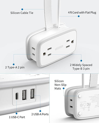 2 Pack Power Strip with USB C Ports, 4 Outlets 3 USB(1 USB-C), NTONPOWER Small Power Strip with 4ft Short Extension Cord Flat Plug, Compact Power Strip for Travel Hotel Cruise Essentials, White