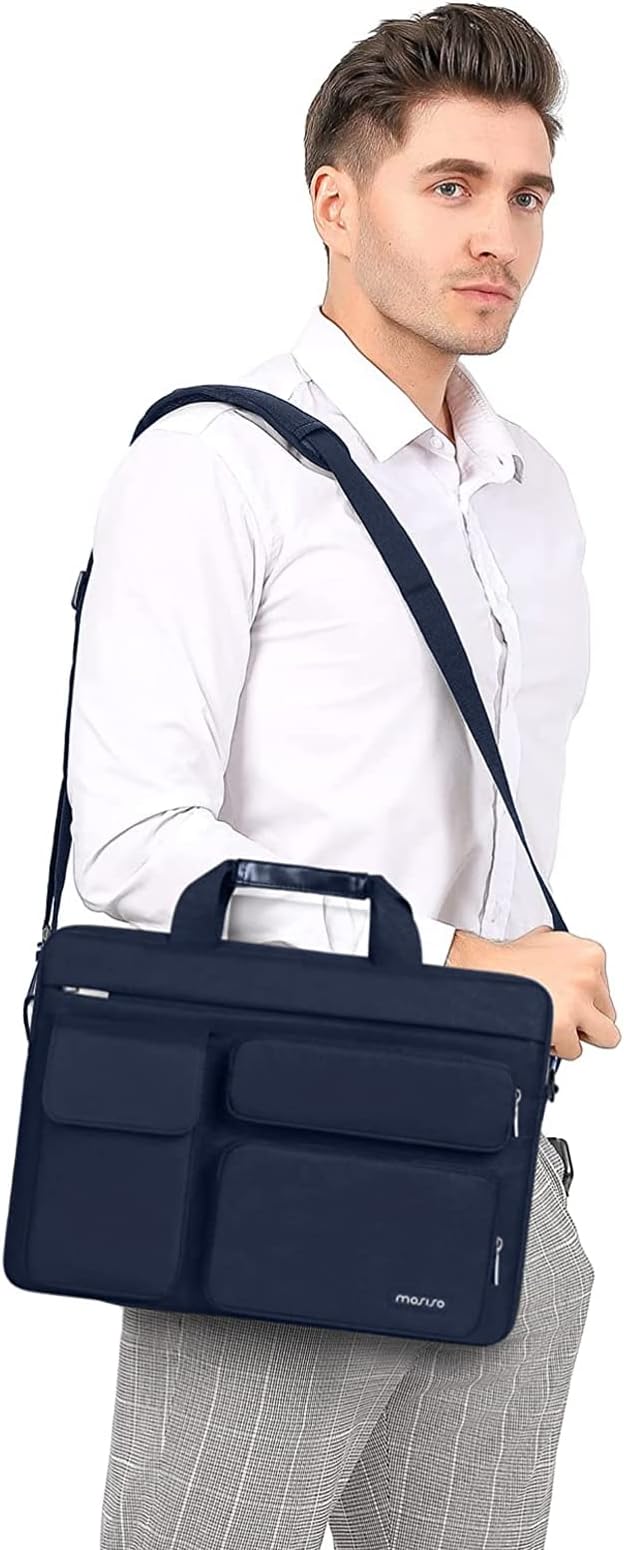 MOSISO Laptop Shoulder Bag 15.6 inch, 15-15.6 inch Computer Bag Compatible with MacBook Pro 16 inch, HP, Dell, Lenovo, Notebook with 2 Raised&1 Flapover&1 Horizontal Pocket&Handle&Belt, Navy Blue