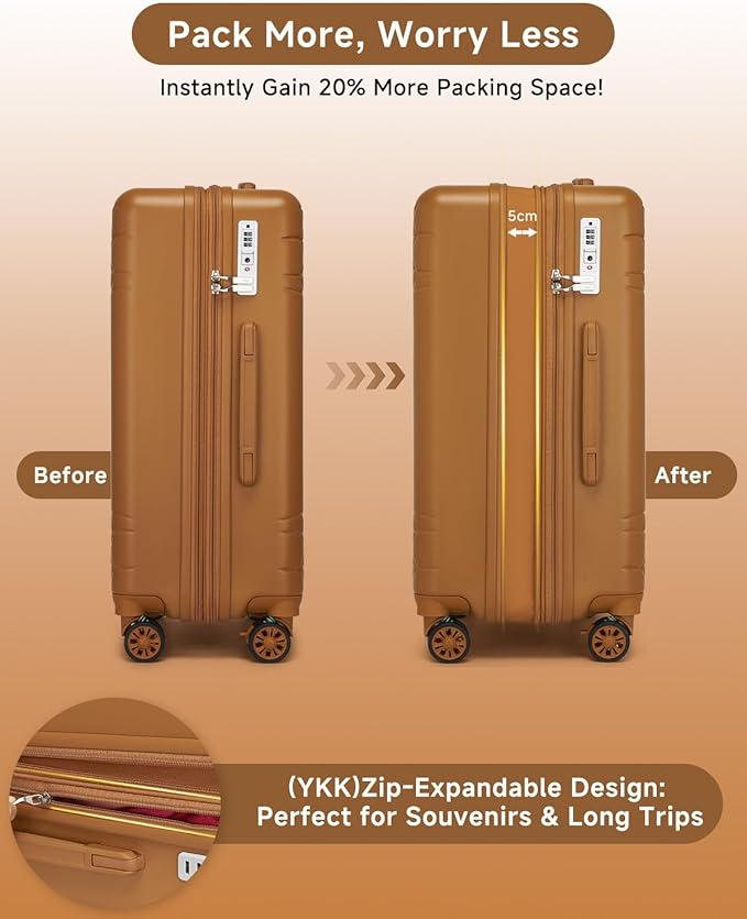 Somago Expandable 2-Piece Luggage Sets 20"/24" Suitcases with Shock-Absorbing Braking Spinner Wheels Moon Star Design Hard Shell Suitcase with Cupholder TSA Lock (Toffee Brown,Expandable 20/24 Inch)