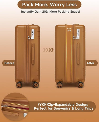Somago Expandable Carry On luggage with Shock-Absorbing Braking Spinner Wheels Moon Star Design Hard Shell Suitcase with Cupholder TSA Lock (Toffee Brown,Expandable 20 Inch)