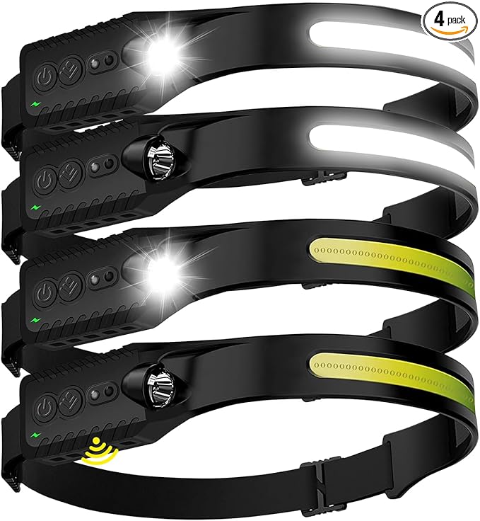 Rechargeable LED Headlamp, 400 Lumens, 230° Wide Beam, USB-C, IPX4, 5 Modes — Lightweight, Adjustable Headband; Hard Hat Clips for Camping, Hiking, Running, Repairs & Gift (4 pack, Black)