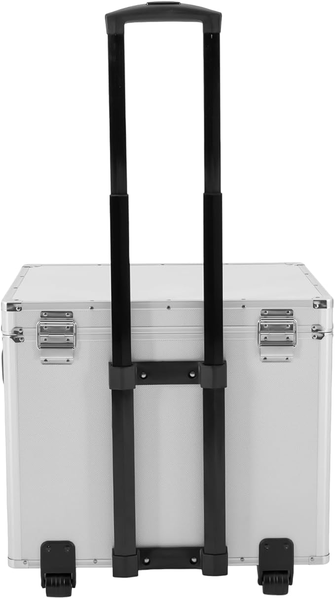 Modern Aluminum Alloy File Lock Box with Wheels and Telescopic Handle, Silver, Rectangular, Portable, Water Repellent, 19.2 x 15 x 16 inches, 7 Compartments, Locking Mobile Business Case