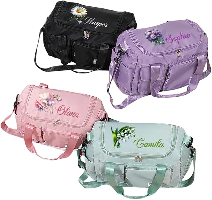 Personalized Gym Bag Waterproof Custom Name Gemstone Birth Flower Duffle Bag Travel Weekender Overnight Bags With Shoulder Strap Birthday Christmas Gifts For Women Cheerleaders